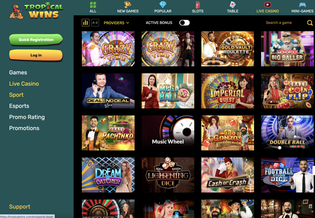 Image of Tropical Wins live casino web page 