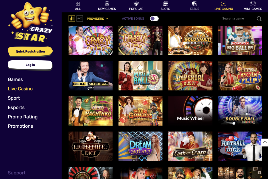 Image of Crazy Casino live casino options on website